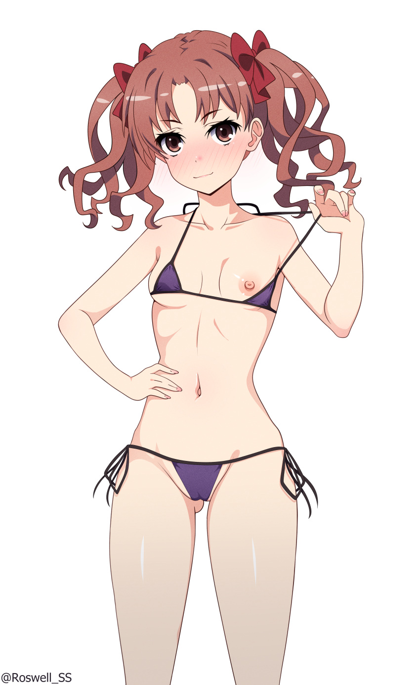 1girl absurdres artist_name ass_visible_through_thighs bikini black_bikini blush bow breasts brown_eyes brown_hair collarbone commission cowboy_shot hair_bow hand_on_own_stomach hand_up highres holding_strap long_hair navel nipple_slip nipples pixiv_commission red_hair roswell_ss shiny_skin shirai_kuroko simple_background small_breasts smile solo standing swimsuit toaru_kagaku_no_railgun toaru_majutsu_no_index twintails white_background