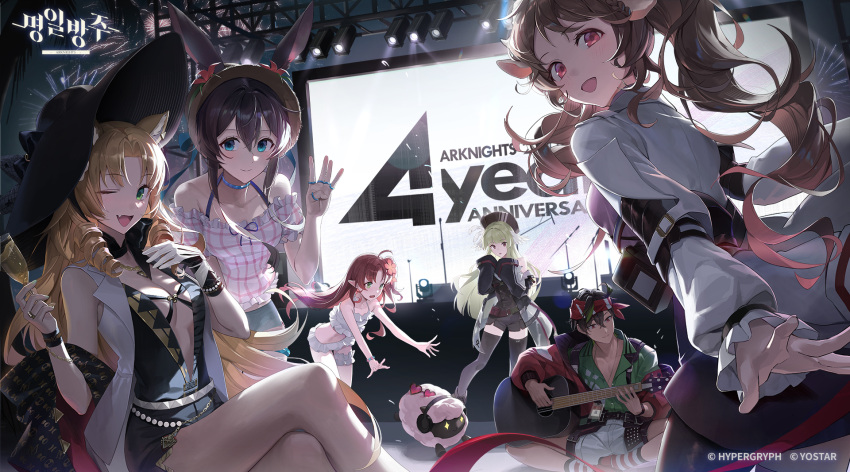1boy 5girls acoustic_guitar ahoge aimitkkays amiya_(arknights) animal_ears anniversary arknights arm_strap bandana belt_pouch bikini black_hair black_hat black_jacket black_one-piece_swimsuit black_pantyhose black_shorts black_thighhighs blonde_hair blue_eyes blush breasts brown_hair brown_hat bryophyta_(arknights) center_opening cleavage closed_mouth crossed_legs cup drill_hair drill_sidelocks drinking_glass ears_through_headwear english_commentary eyjafjalla_(arknights) fang feet_out_of_frame flower frilled_bikini frilled_shirt frills green_eyes green_hair green_shirt grey_shirt grey_shorts guitar hair_between_eyes hair_flower hair_ornament hat hibiscus highres holding holding_cup holding_guitar holding_instrument indian_style instrument jacket jewelry korean_commentary leaning_forward logo long_hair looking_at_viewer looking_back medium_breasts microphone_stand mixed-language_commentary multiple_girls multiple_rings music myrtle_(arknights) myrtle_(summer_flowers)_(arknights) neck_ring off-shoulder_shirt off_shoulder official_alternate_costume official_art one-piece_swimsuit open_clothes open_jacket open_mouth pantyhose plaid plaid_shirt playing_instrument pointy_ears poncirus_(arknights) ponytail pouch purple_eyes rabbit_girl red_bandana red_eyes red_hair ring screen sheep_ears sheep_girl shirt short_shorts shorts sidelocks sitting sleeveless sleeveless_jacket smile socks stage stage_lights standing straw_hat striped_clothes striped_socks swimsuit swire_(arknights) swire_the_elegant_wit_(arknights) thighhighs thighlet tiger_ears tiger_girl watermark waving white_bikini white_jacket white_shorts wine_glass wrist_cuffs