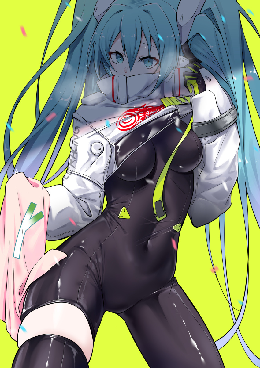 1girl absurdres asymmetrical_bodysuit black_bodysuit black_gloves black_thighhighs blue_eyes blue_hair bodysuit breasts breasts_apart covered_navel cowboy_shot floating_hair gloves hair_between_eyes hatsune_miku headphones highres long_hair looking_at_viewer lsf_(805661342) medium_breasts racing_miku racing_miku_(2022) single_leg_bodysuit skin_tight skindentation solo thighhighs twintails two-tone_gloves very_long_hair vocaloid yellow_background yellow_gloves