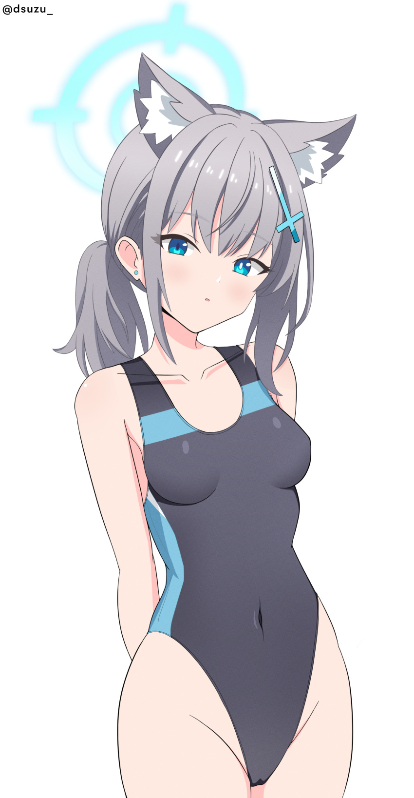 1girl absurdres animal_ear_fluff animal_ears arms_behind_back black_one-piece_swimsuit blue_archive blue_eyes breasts competition_swimsuit covered_navel cross_hair_ornament dsuzu extra_ears grey_hair hair_ornament halo highres low_ponytail medium_hair mismatched_pupils multicolored_clothes multicolored_swimsuit official_alternate_costume one-piece_swimsuit shiroko_(blue_archive) shiroko_(swimsuit)_(blue_archive) simple_background small_breasts solo swimsuit white_background wolf_ears