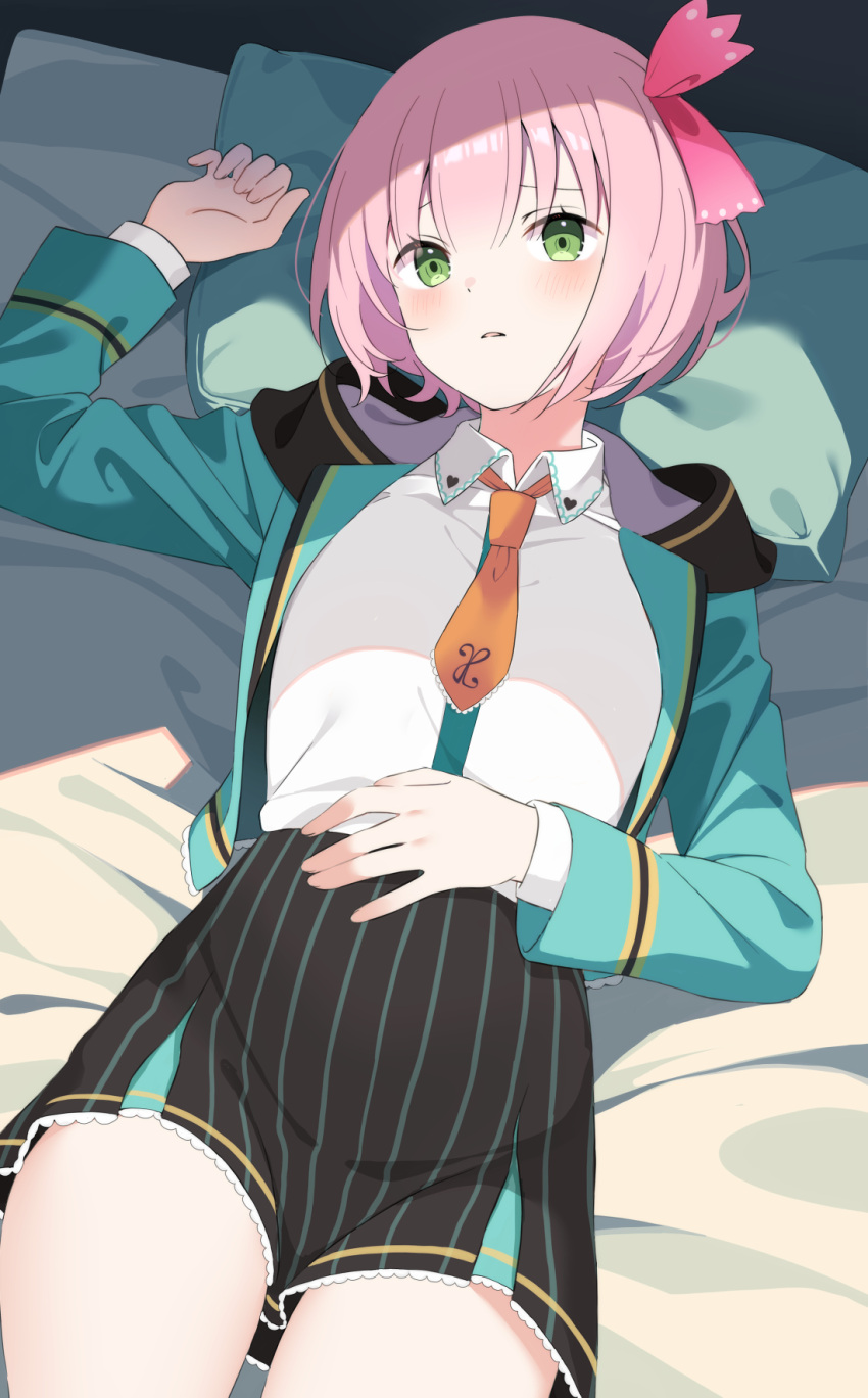 1girl bed black_shorts breasts collared_shirt commentary_request commission green_eyes green_jacket hair_ribbon highres jacket long_sleeves looking_at_viewer lying medium_breasts natsu12113 necktie on_back on_bed open_clothes open_jacket open_mouth orange_necktie pillow pink_hair raramagi red_ribbon ribbon shirt short_hair shorts skeb_commission solo white_shirt yuuki_nanami