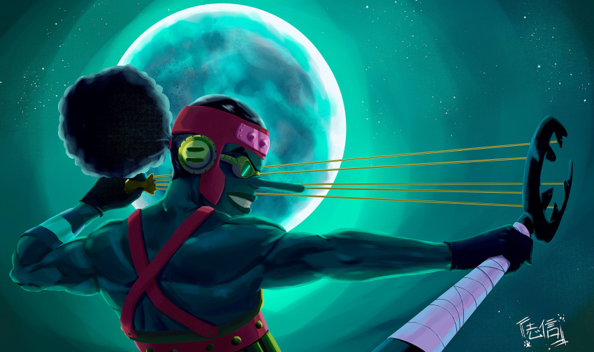 1boy absurdres black_gloves black_hair clenched_teeth commentary curly_hair drana_mta earphones english_commentary from_side full_moon gloves goggles highres holding holding_slingshot holding_weapon long_nose male_focus moon night night_sky one_piece outdoors signature sky slingshot_(weapon) smile solo teeth usopp weapon