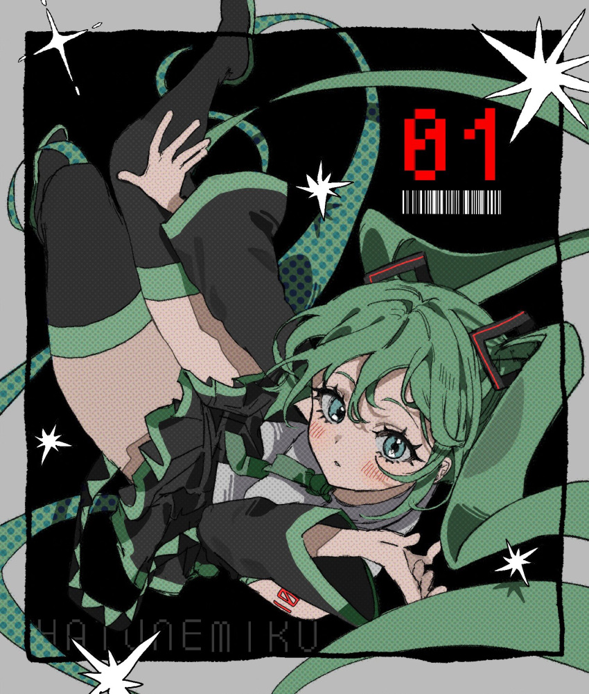 1girl alternate_color alternate_hair_color aqua_eyes arm_tattoo barcode black_footwear blush boots character_name detached_sleeves from_above green_eyes green_hair green_necktie hatsune_miku highres inu_totemo long_hair looking_at_viewer looking_up necktie number_tattoo pixelated pleated_skirt skirt solo tattoo thigh_boots twintails very_long_hair vocaloid wide_sleeves zettai_ryouiki