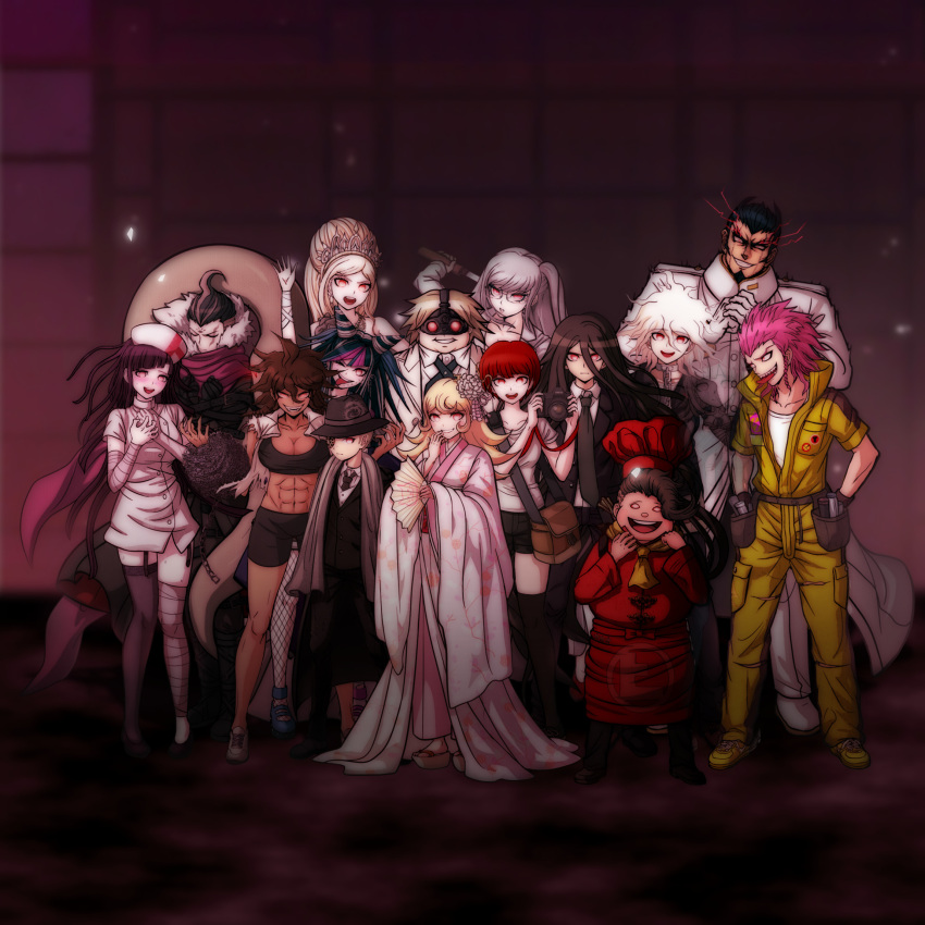 6+boys 6+girls alternate_costume alternate_hairstyle animal bandaged_leg bandages black_hair black_necktie blonde_hair camera chef_hat chomaeki danganronpa_(series) danganronpa_2:_goodbye_despair danganronpa_3_(anime) fat fat_man goggles goggles_on_head hair_horns hanamura_teruteru hand_fan hat highres holding holding_camera holding_fan holding_sword holding_weapon horns jacket japanese_clothes kamukura_izuru kimono koizumi_mahiru komaeda_nagito kunikida_hanamaru kuzuryu_fuyuhiko lip_piercing long_hair mioda_ibuki mouth_piercing multiple_boys multiple_girls muscular muscular_female necktie nidai_nekomaru nurse official_alternate_costume official_alternate_hairstyle oversized_animal pekoyama_peko piercing pink_hair pink_kimono red_hair red_hat saionji_hiyoko snake soda_kazuichi sonia_nevermind sword tanaka_gundham tiara togami_byakuya_(danganronpa_2) tsumiki_mikan weapon white_footwear white_jacket