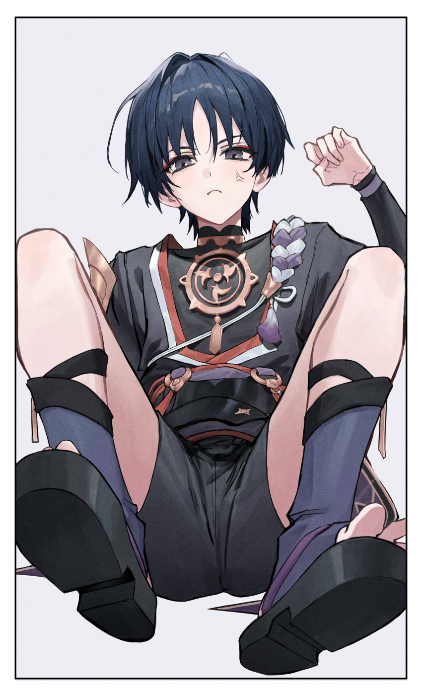 1boy absurdres anger_vein bishounen genshin_impact hand_up highres japanese_clothes jewelry looking_at_viewer male_focus necklace purple_eyes purple_hair sandals scaramouche_(genshin_impact) short_hair shorts simple_background socks solo spread_legs toria_(toriaa_27) white_background