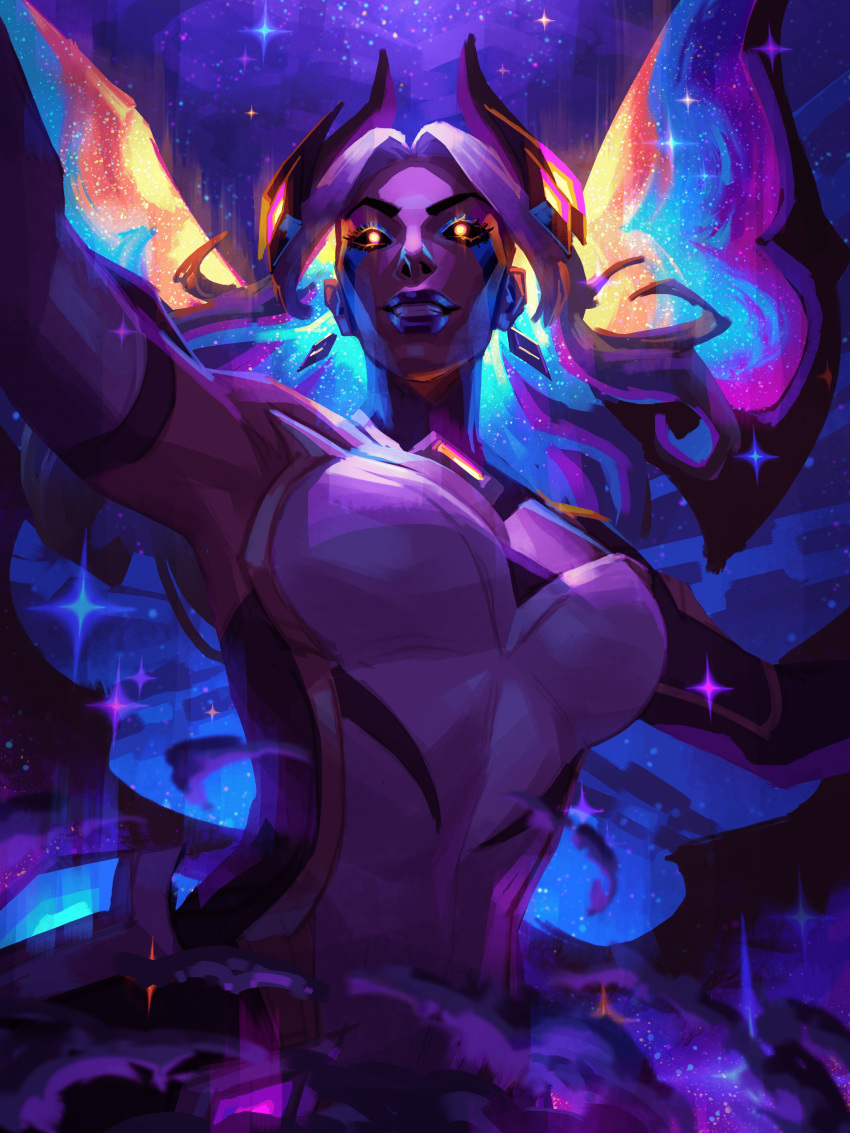 1girl absurdres black_sclera breasts colored_sclera detached_sleeves dress glowing glowing_hair grin half-shrug highres horns jeremy_anninos league_of_legends long_hair looking_ahead magic medium_breasts morgana_(league_of_legends) multicolored_clothes multicolored_dress official_alternate_costume orange_hair single_detached_sleeve sky smile solo sparkle star_(sky) star_nemesis_morgana starry_sky strapless white_background