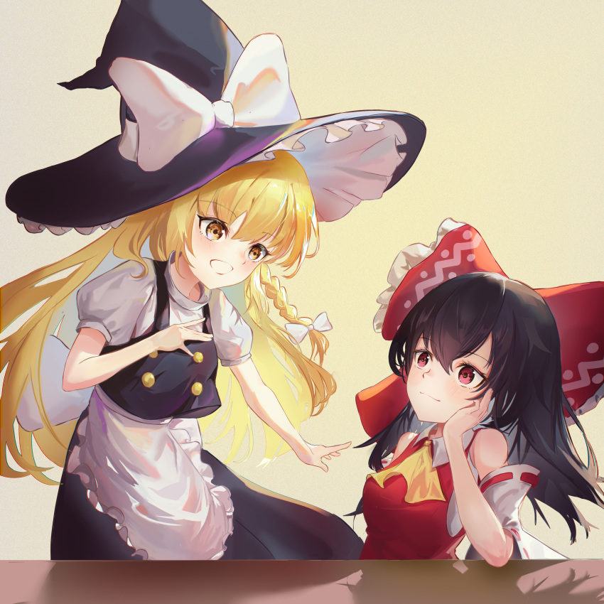 2girls :3 absurdres apron ascot black_hair black_hat black_skirt black_vest blonde_hair bow braid closed_mouth detached_sleeves eye_contact floating_hair frilled_apron frilled_bow frills grin hair_bow hakurei_reimu hat hat_bow head_rest highres kirisame_marisa leaning_forward long_hair long_skirt looking_at_another multiple_girls red_bow red_eyes red_shirt ribbon-trimmed_sleeves ribbon_trim shirt short_sleeves single_braid skirt sleeveless sleeveless_shirt smile touhou vest waist_apron white_apron white_background white_bow white_shirt white_sleeves witch_hat yellow_ascot yellow_eyes z-bow