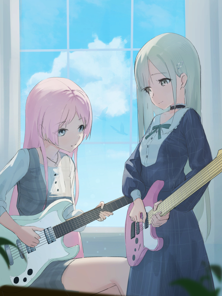 2girls absurdres bang_dream! bang_dream!_it's_mygo!!!!! blue_dress blurry chihaya_anon collarbone commentary_request demonwarlock depth_of_field dress green_hair green_ribbon grey_dress grey_eyes grey_hair guitar hair_ornament hairclip highres indoors instrument jewelry long_hair long_sleeves multiple_girls music neck_ribbon necklace pinafore_dress pink_hair plaid plaid_dress playing_instrument ribbon shirt sidelocks sleeveless sleeveless_dress sleeves_past_elbows wakaba_mutsumi white_shirt