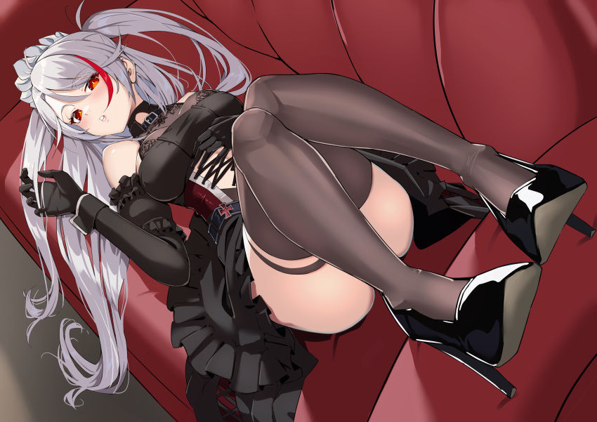 1girl absurdres ass azur_lane bare_shoulders black_dress blush breasts clenched_teeth clothing_cutout convenient_leg couch cross-laced_clothes cross-laced_dress dress elbow_gloves frilled_dress frilled_gloves frills from_above full_body gloves hair_over_one_eye hand_on_own_chest hands_up high_heels highres hip_focus indoors legs legs_together legs_up long_hair looking_at_viewer lying maid_headdress medium_breasts midriff multicolored_hair nukege_ojisan on_back on_couch orange_eyes parted_lips prinz_eugen_(azur_lane) prinz_eugen_(kindred_evening_spirits)_(azur_lane) red_eyes red_hair sleeveless sleeveless_dress solo stomach_cutout streaked_hair teeth thighhighs thighs two-tone_hair very_long_hair white_hair
