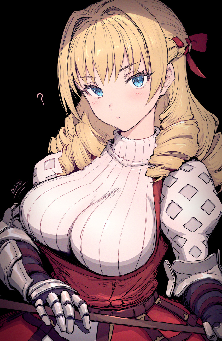 1girl armor blonde_hair blue_eyes blush bow breasts brown_hair closed_mouth gauntlets hair_between_eyes hair_bow hair_ribbon haoni highres large_breasts long_hair long_sleeves looking_at_viewer polearm puffy_long_sleeves puffy_sleeves red_bow red_skirt ribbed_sweater ribbon scarlett_(unicorn_overlord) skirt solo suspender_skirt suspenders sweater turtleneck turtleneck_sweater unicorn_overlord weapon white_sweater