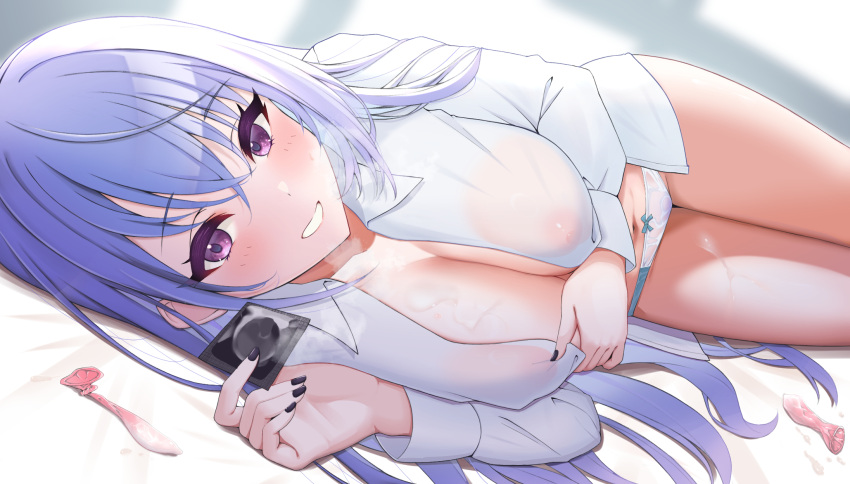 1girl blue_hair blush breasts commission condom covered_nipples cum cum_on_body feet_out_of_frame fingernails highres holding holding_condom idolmaster idolmaster_shiny_colors large_breasts looking_at_viewer lying nail_polish navel on_side open_clothes open_shirt panties pixiv_commission pointless_condom purple_eyes ribbon-trimmed_panties shirt smile solo suzuki_hana torikun underwear used_condom white_panties white_shirt