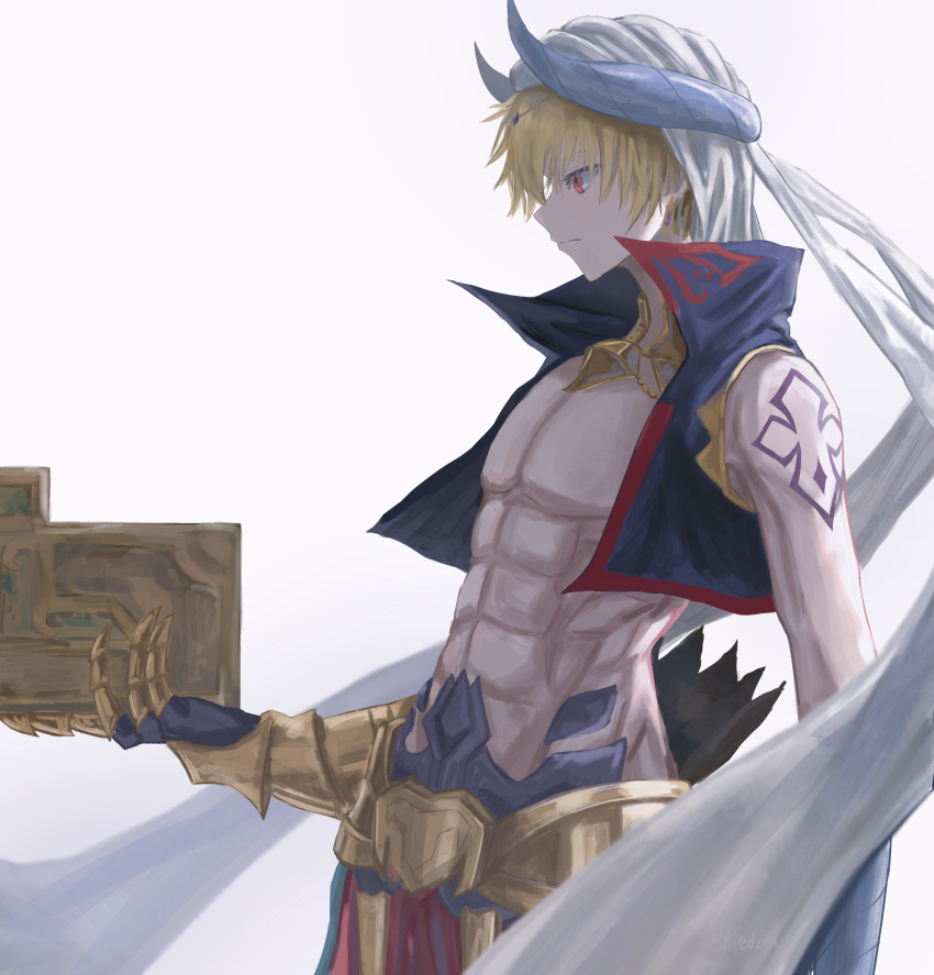 1boy absurdres arabian_clothes blonde_hair cropped_vest earrings fate/grand_order fate_(series) gauntlets gilgamesh_(caster)_(fate) gilgamesh_(fate) hat highres holding jewelry male_focus red_eyes shitodo_mi short_hair single_gauntlet solo stone_tablet tattoo turban vest