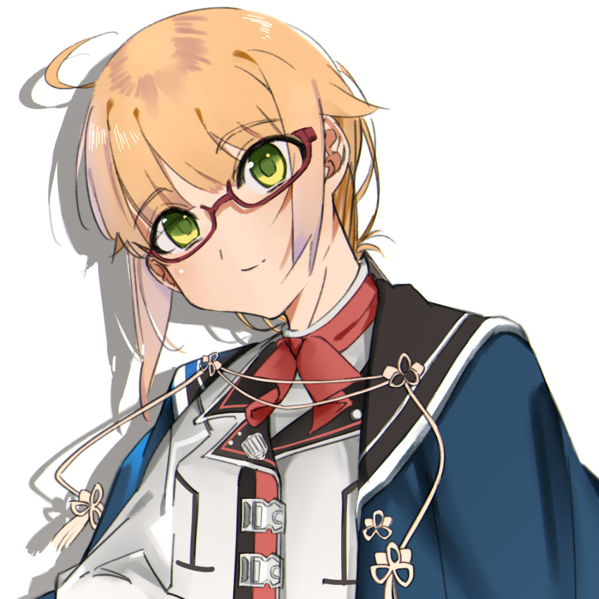 1girl ahoge blonde_hair blue_jacket eyebrows_hidden_by_hair flat_chest green_eyes hair_between_eyes head_tilt highres hikkyoi1 jacket light_smile long_bangs looking_at_viewer mushoku_tensei neck_ribbon norn_greyrat ranoa_magic_academy_school_uniform red-framed_eyewear red_ribbon ribbon school_uniform shadow shirt simple_background solo upper_body white_background white_shirt