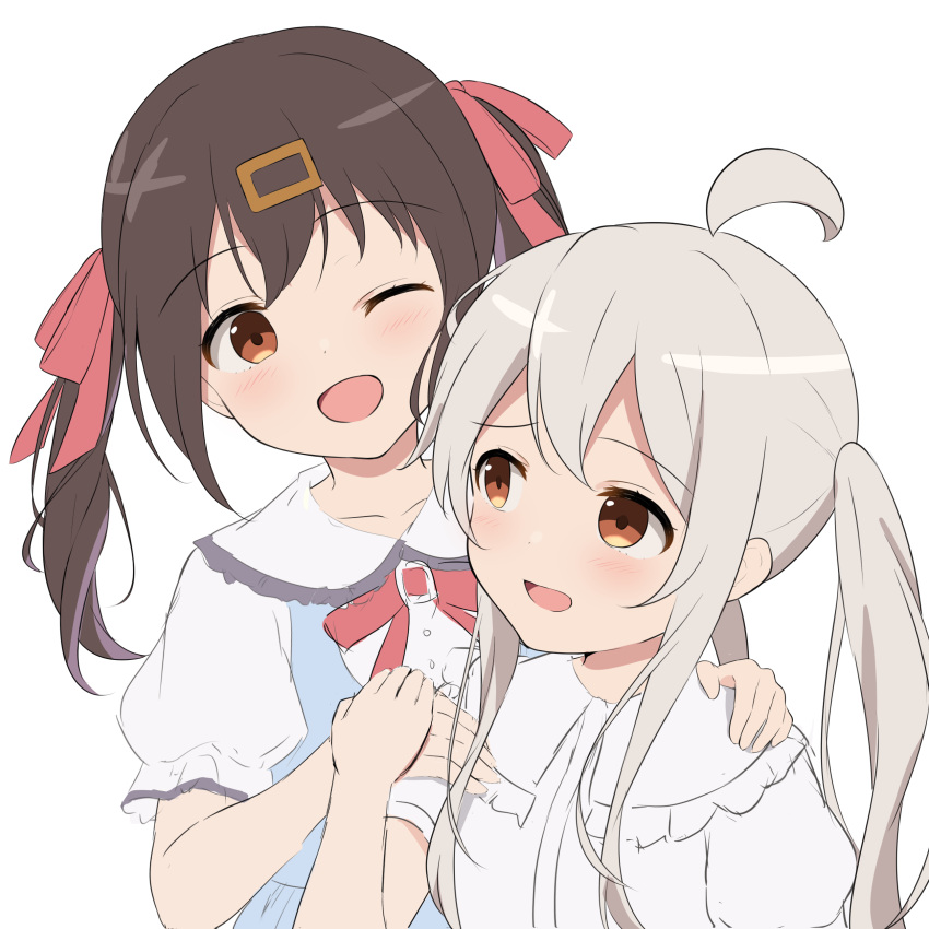 2girls :d ;d absurdres ahoge blush brown_eyes brown_hair collarbone dress grey_hair hair_ornament hair_ribbon hairclip hand_on_another's_shoulder hand_on_hand highres long_hair looking_at_another multicolored_hair multiple_girls one_eye_closed onii-chan_wa_oshimai! open_mouth oyama_mahiro oyama_mihari purple_hair red_ribbon ribbon short_sleeves siblings sidelocks simple_background sisters smile streaked_hair twintails unfinished white_background white_dress yutuki_ame