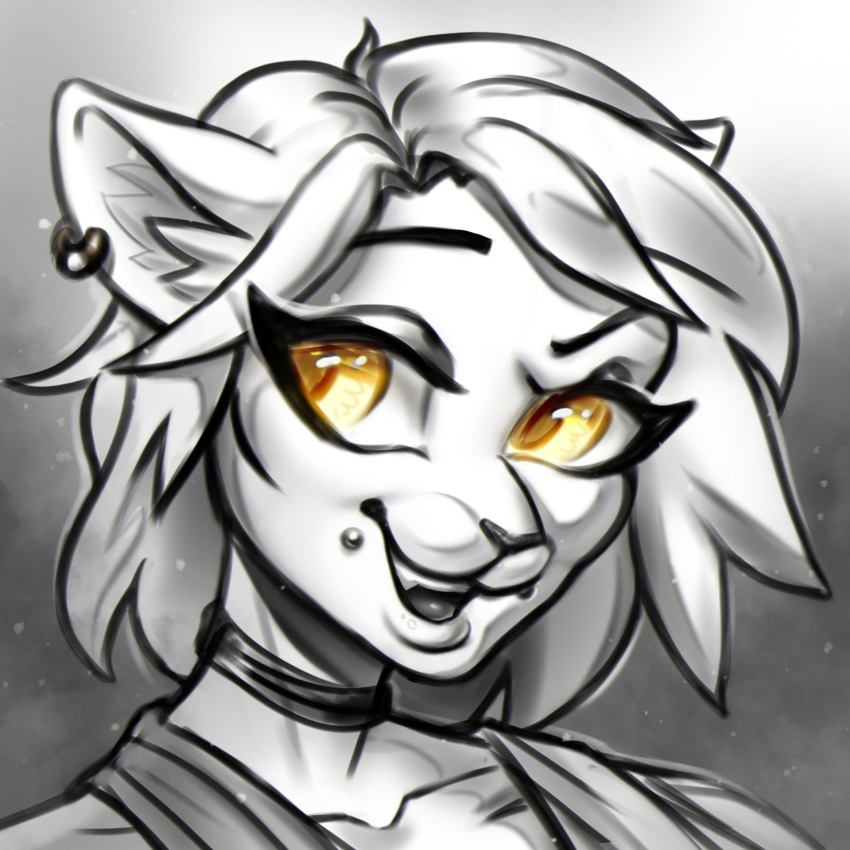 anime_eyes anthro black_and_white black_nose clothed clothing collar colored detailed digital_drawing_(artwork) digital_media_(artwork) digital_painting_(artwork) domestic_cat ear_piercing ear_ring eyelashes felid feline felis female fur glowing hair hi_res icon joyful line_art looking_at_viewer mammal monochrome open_mouth pantherine piercing portrait ring_piercing rizonik shaded short_hair simple_background sketch smile solo sparkles teeth three-quarter_portrait tongue topwear white_body white_fur white_hair yellow_eyes