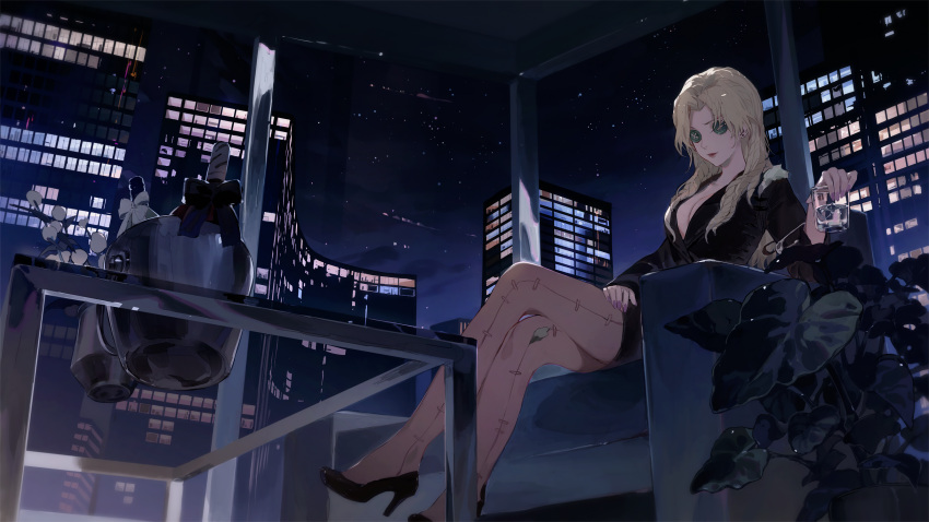 1girl black_footwear black_jacket blonde_hair bottle breasts building button_eyes buttons city city_lights cityscape cleavage crossed_legs cup drinking_glass earrings green_eyes high_heels highres holding holding_cup indoors jacket jewelry long_hair long_sleeves looking_at_viewer medium_breasts meitantei_conan night night_sky plant potted_plant sitting skirt sky skyscraper solo star_(sky) starry_sky stud_earrings table tumbler_glass vermouth_(meitantei_conan) window yueko_(jiayue_wu)