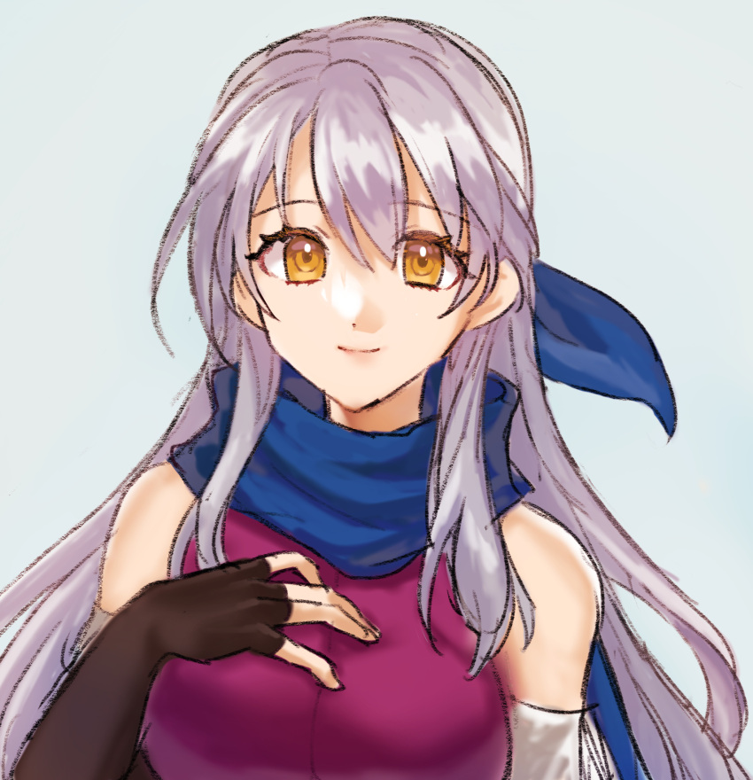 1girl black_gloves blue_background blue_scarf commentary_request dress fingerless_gloves fire_emblem fire_emblem:_radiant_dawn gloves grey_hair hand_on_own_chest hazuki_(nyorosuke) highres long_hair looking_at_viewer micaiah_(fire_emblem) purple_dress scarf simple_background sleeveless sleeveless_dress smile solo upper_body very_long_hair yellow_eyes