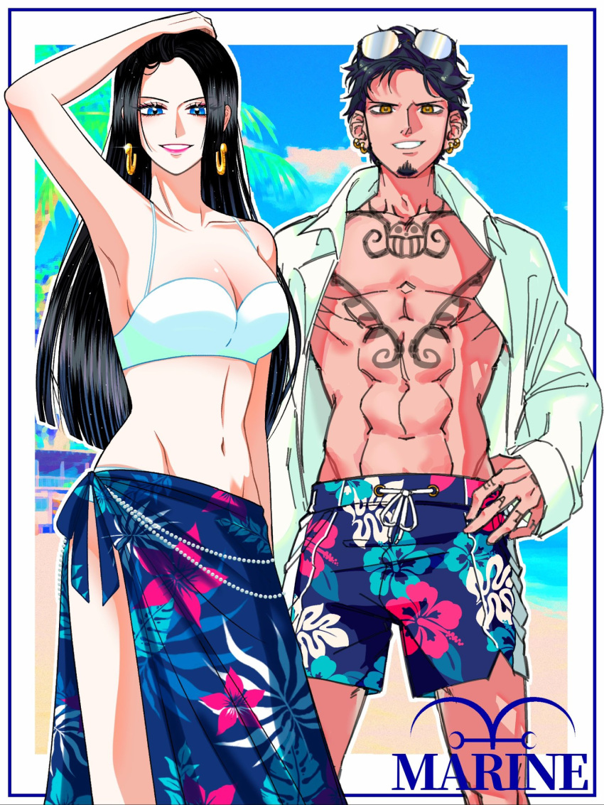 191_1006 1boy 1girl abs arm_up armpits beach bikini black_hair blue_eyes blue_male_swimwear blue_sarong boa_hancock border breasts chest_tattoo cleavage cloud collaboration collarbone commentary_request day drawstring earrings english_text eyewear_on_head facial_hair finger_tattoo floral_print gem goatee grin hand_on_own_head hand_on_own_hip hand_tattoo highres jewelry korean_commentary long_hair long_sideburns long_sleeves looking_at_viewer makeup male_swimwear medium_breasts midriff navel ocean one_piece open_clothes open_shirt outdoors outside_border palm_tree pearl_(gemstone) pectorals pink_lips polar_tang_(artist) print_sarong sand sarong shirt short_hair sideburns smile snake_earrings spaghetti_strap standing straight_hair summer sunglasses swim_trunks swimsuit tattoo teeth toned toned_male trafalgar_law tree very_long_hair water white_bikini white_border white_shirt yellow_eyes