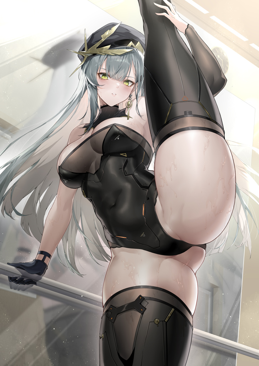 1girl absurdres aether_gazer bare_arms bare_shoulders black_gloves black_hat black_leotard black_thighhighs blush breasts character_request chinese_commentary commentary_request covered_navel earrings gloves green_eyes grey_hair highres jewelry large_breasts leotard long_hair looking_at_viewer mirror parted_lips shanyao_jiang_tororo single_earring solo split standing standing_on_one_leg standing_split sweat thighhighs thighs