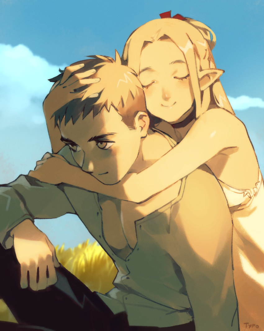 1boy 1girl arm_rest blonde_hair blue_sky blush brown_eyes choker closed_eyes cloud dress dungeon_meshi elf grass hair_around_ear highres hug hug_from_behind laios_touden long_hair marcille_donato optionaltypo outdoors partially_unbuttoned pointy_ears shirt short_hair signature sitting sky sleeveless sleeveless_dress smile