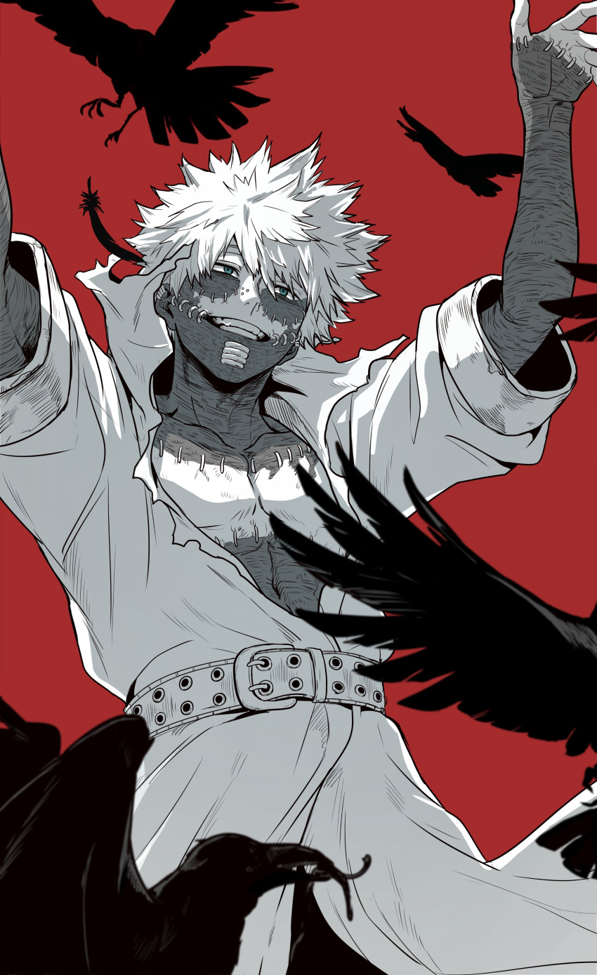 1boy absurdres arms_up bangs belt bird black_bird blue_eyes boku_no_hero_academia bupopopopopo burn_scar collarbone collared_jacket costume cowboy_shot crow dabi_(boku_no_hero_academia) ear_piercing falling_feathers from_below highres limited_palette looking_ahead male_focus monochrome multiple_piercings no_shirt nose_piercing pectoral_cleavage pectorals piercing red_background scar scar_on_arm scar_on_face scar_on_hand scar_on_neck scar_on_stomach short_hair simple_background smile solo spiked_hair stapled stitches teeth toned toned_male trench_coat white_hair