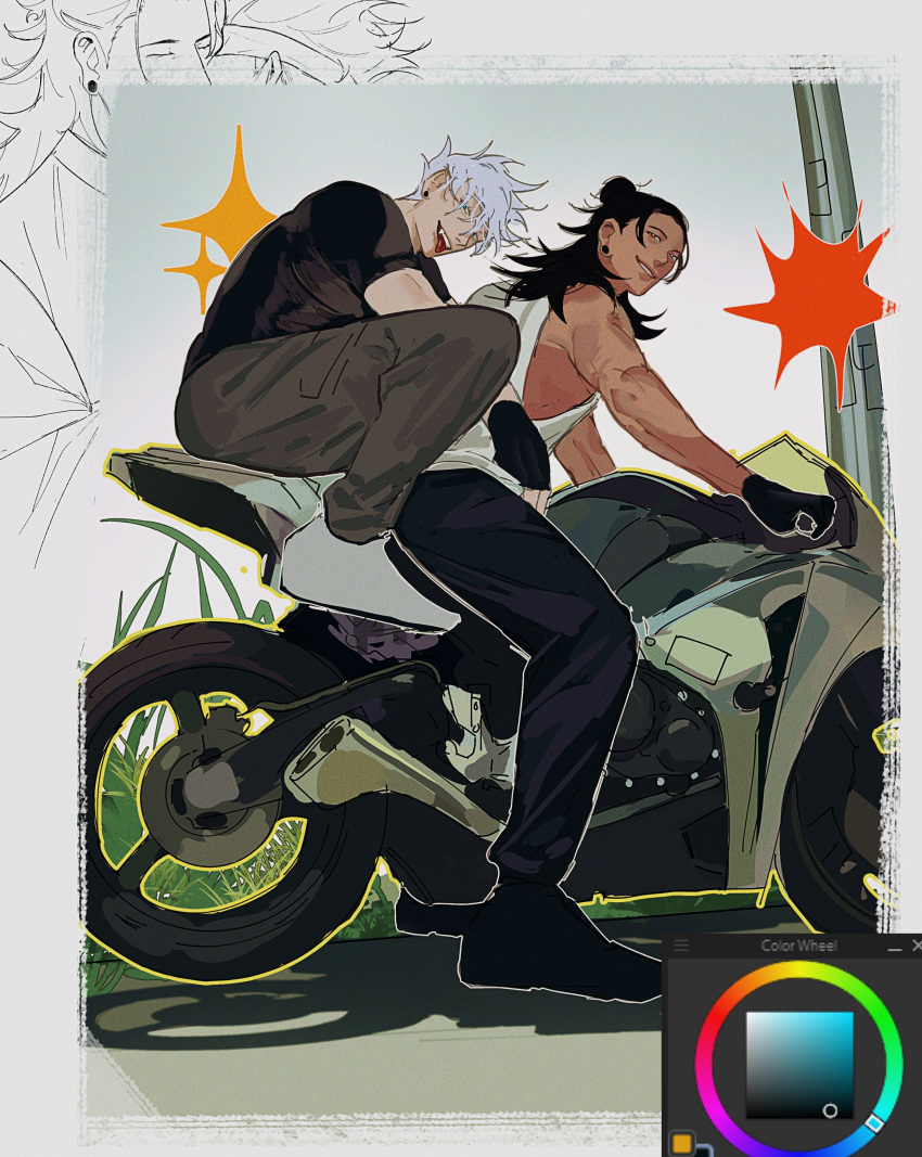 2boys absurdres alternate_skin_color art_program_in_frame black_gloves black_hair black_pants blue_eyes brown_eyes couple dark-skinned_male dark_skin driving earrings getou_suguru gloves gojou_satoru hair_bun highres jewelry jujutsu_kaisen long_hair motor_vehicle motorcycle multiple_boys on_motorcycle pants parted_lips pillion sharp_teeth shirt short_hair sleeveless sleeveless_shirt smile stud_earrings teeth to_0fu toned toned_male tongue tongue_out white_eyelashes white_footwear white_shirt yaoi