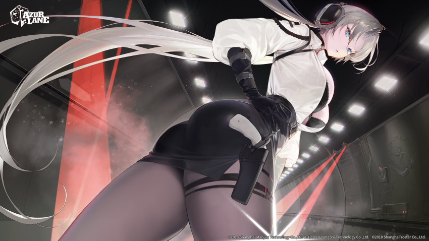 1girl absurdres ass azur_lane belt black_belt black_bra black_gloves black_pantyhose black_skirt blue_eyes bra bra_peek breasts cleavage copyright_name cowboy_shot elbow_gloves english_commentary floating_hair from_below gloves grey_hair gun hand_on_own_hip handgun headphones high-waist_skirt highres holstered indoors kronshtadt_(azur_lane) kronshtadt_(begin_the_rush!)_(azur_lane) lamp large_breasts logo long_hair long_sleeves looking_at_viewer official_alternate_costume official_art open_clothes open_shirt oyabuli pantyhose parted_bangs parted_lips pencil_skirt promotional_art second-party_source shirt sidelocks skirt solo standing thigh_strap underwear very_long_hair weapon white_shirt