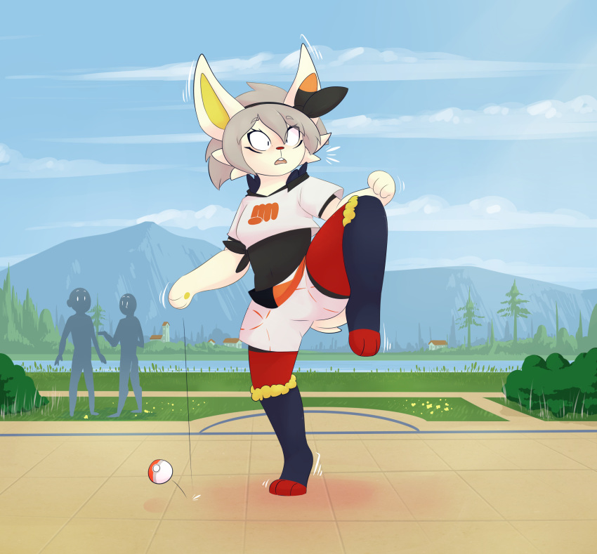 absurd_res accessory after_transformation ambiguous_gender anthro bea_(pok&eacute;mon) bottomwear building cheek_tuft cinderace clothing cloud day facial_tuft fauvfox fur grass grey_hair group gym_leader hair headband hi_res house human implied_transformation lagomorph looking_at_another mammal mountain nintendo outside plant pok&eacute;ball pok&eacute;mon pok&eacute;mon_(species) raised_leg shaded shirt short_hair shorts shrub sky solo_focus surprised_expression topwear tree tuft video_games water white_body white_bottomwear white_clothing white_fur white_shirt white_shorts white_topwear