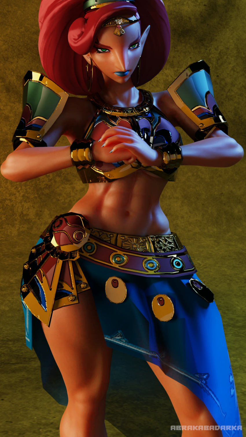 3d_(artwork) abrakabadarka abs blue_bottomwear blue_clothing blue_lipstick blue_nails blue_skirt bottomwear bracelet breath_of_the_wild clothed clothing colored_nails cracking_knuckles crown digital_media_(artwork) ear_piercing ear_ring eyelashes female gerudo green_clothing green_eyes green_topwear hair headgear hi_res humanoid_pointy_ears jewelry lipstick looking_at_viewer makeup nails navel necklace nintendo piercing red_hair ring_piercing sharp_nails skirt solo the_legend_of_zelda thick_thighs tiara topwear urbosa wide_hips