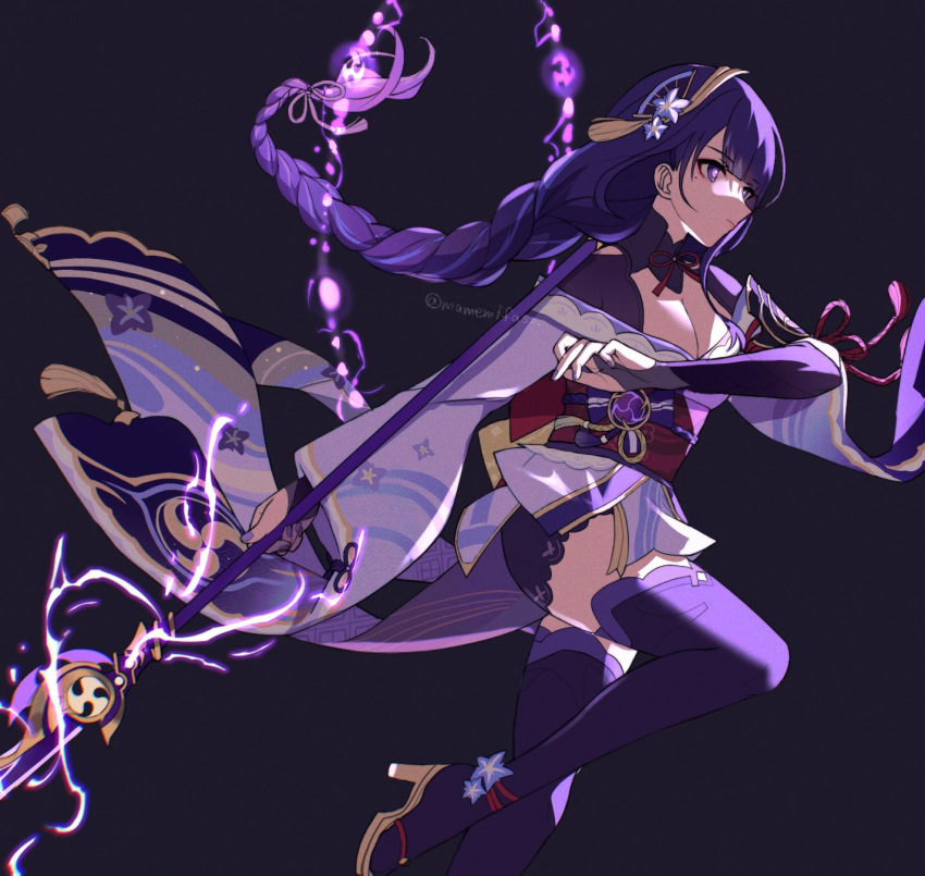 1girl arm_up blunt_bangs braid breasts cleavage closed_mouth electricity from_side genshin_impact glowing glowing_eyes hair_ornament hair_ribbon highres holding holding_polearm holding_weapon japanese_clothes long_hair looking_ahead mano_(m1n0f2e1) mitsudomoe_(shape) mole mole_under_eye polearm purple_background purple_eyes purple_hair raiden_shogun ribbon simple_background single_braid solo thighs tomoe_(symbol) weapon