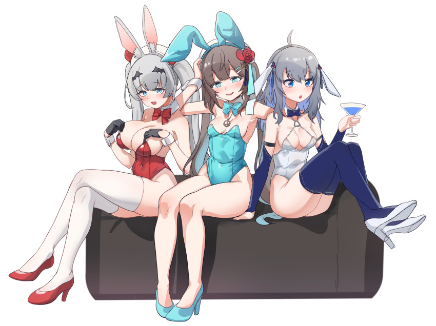 3girls :d absurdres ahoge animal_ear_fluff animal_ears aningay arm_up bare_legs bare_shoulders beret black_gloves blue_bow blue_bowtie blue_eyes blue_footwear blue_hair blue_leotard blue_thighhighs blush bow bowtie breasts bridal_gauntlets brown_hair cleavage cocktail_glass collar copyright_request covered_navel crossed_legs cup detached_collar drinking_glass fake_animal_ears flower gloves grey_hair hair_between_eyes hair_flower hair_ornament hair_ribbon hairclip half_gloves hand_up hands_up hat head_tilt high_heels highres holding holding_cup large_breasts leotard long_hair medium_breasts multicolored_hair multiple_girls parted_lips playboy_bunny rabbit_ears red_bow red_flower red_footwear red_leotard red_ribbon red_rose ribbon rose shoe_soles shoes simple_background sitting small_breasts smile solo strapless strapless_leotard thighhighs twintails two-tone_hair very_long_hair white_background white_collar white_footwear white_hat white_leotard white_thighhighs wing_collar wing_hair_ornament wrist_cuffs