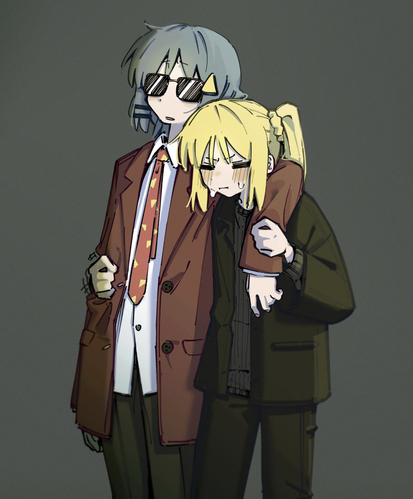 2girls absurdres ahoge alternate_costume arm_around_shoulder blonde_hair blue_eyes blush bocchi_the_rock! brown_coat closed_eyes coat detached_ahoge green_coat grey_background highres ijichi_nijika long_hair long_sleeves machuuu68 medium_hair multiple_girls necktie open_mouth ponytail side_ponytail simple_background sleeping sunglasses sweat yamada_ryo