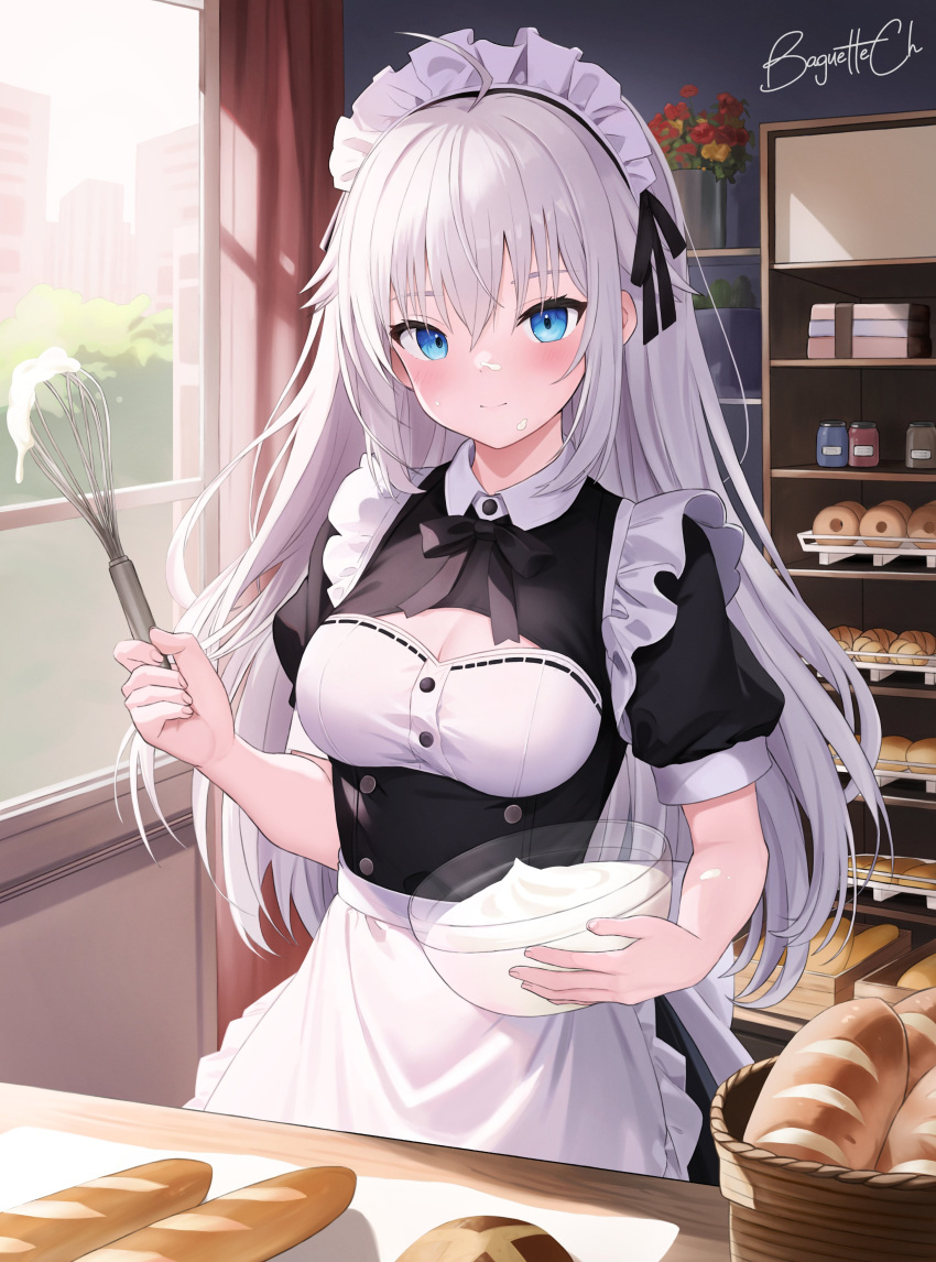 1girl absurdres ahoge apron baguette baguette_(baguettech) bakery blue_eyes bowl bread cleavage_cutout clothing_cutout codename:_bakery_girl croissant display_case doughnut flower food highres holding holding_bowl holding_whisk jefuty_(bakery_girl) long_hair maid maid_apron maid_headdress pastry reverse_collapse_(series) shop solo whipped_cream whisk white_hair