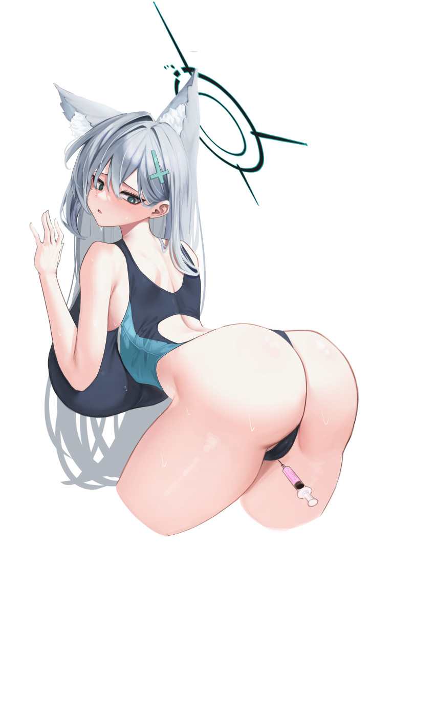 1girl absurdres against_wall animal_ear_fluff animal_ears ass back_cutout blue_archive breasts clothing_cutout cropped_legs cross_hair_ornament grey_hair hair_ornament halo highres huge_breasts injection invisible_wall looking_at_viewer looking_back open_mouth shiroko_(blue_archive) shiroko_(swimsuit)_(blue_archive) shiroko_terror_(blue_archive) simple_background simsim_han-u solo syringe two-tone_one-piece_swimsuit white_background wolf_ears