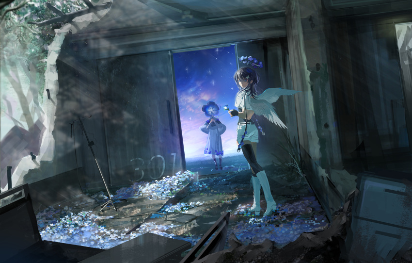 2girls absurdres angel_wings black_hair black_pantyhose blue_flower boots commission dress dress_flower feathered_wings flower hair_ornament halo highres holding holding_flower intravenous_drip light_rays long_hair looking_at_viewer multiple_girls nemophila_(flower) object_head original pantyhose purple_flower ruins shorts skeb_commission sky sliding_doors standing star_(sky) sunlight tree ubwmitekure virtual_youtuber white_dress white_footwear white_shorts white_wings wings