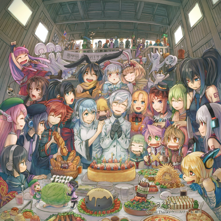 +_+ 6+boys 6+girls 633b :3 ahoge amaka_eru amane_luna anger_vein animal_ears anna_nyui annotation_request arm_up baguette banquet beret birthday_cake birthday_party black_choker black_gloves black_hair black_hat blonde_hair blue_eyes blue_hair bread brown_hair cake character_request chinese_clothes choker closed_eyes commentary_request crying defosuke demon_horns detached_sleeves double_v drooling earmuffs excited fang fangs fascinator fingerless_gloves food fork french_fries frown furry gloves green_eyes green_hair green_hat grey_hair hakaine_maiko hand_on_another's_head hand_on_another's_shoulder hands_on_own_chest happy_tears haruka_nana hat head_tilt headphones heart heart-shaped_pupils heterochromia highres holding holding_food holding_fork holding_knife holding_microphone horns indoors jacket kasane_ted kasane_teto kitchen_knife knife lettuce long_hair long_sleeves looking_at_another matsudappoiyo mechanical_ears microphone mini_person minigirl moai momone_momo mouth_drool multiple_boys multiple_girls nagone_mako namine_ritsu nene_nene nizimine_kakoi number_tattoo one_eye_closed open_mouth otoko_no_ko ouka_miko overexposure partially_annotated pink_hair rabbit_ears raised_fist red_eyes red_hair robot_ears salad sandwich scarf sekka_yufu shirt shoboon short_hair shoulder_tattoo sleeveless sleeveless_shirt sleeves_past_fingers sleeves_past_wrists smile sukone_tei symbol-shaped_pupils table tail tattoo tears tongue tongue_out triangle_mouth twintails utane_oto utane_uta utau v v-shaped_eyebrows white_jacket white_shirt yellow_scarf yokune_ruko yurika_sai yurika_sayu zipper