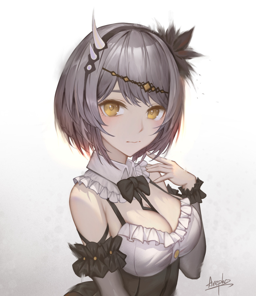 1girl arepko arm_strap artist_name bare_shoulders between_breasts black_bow black_dress black_hairband bow bowtie breasts cleavage closed_mouth collar detached_collar dress english_commentary fake_horns fluff frilled_collar frilled_dress frills gradient_background grey_hair hairband hand_up highres horns large_breasts looking_at_viewer maid medium_hair original skindentation solo white_background white_collar wrist_cuffs yellow_eyes