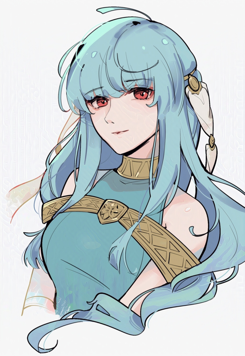 1girl aqua_dress aqua_hair bare_shoulders closed_mouth cropped_torso dress fire_emblem fire_emblem:_the_blazing_blade hair_ribbon highres light_smile long_hair looking_at_viewer lunachaili ninian_(fire_emblem) red_eyes ribbon sleeveless sleeveless_dress solo upper_body white_background