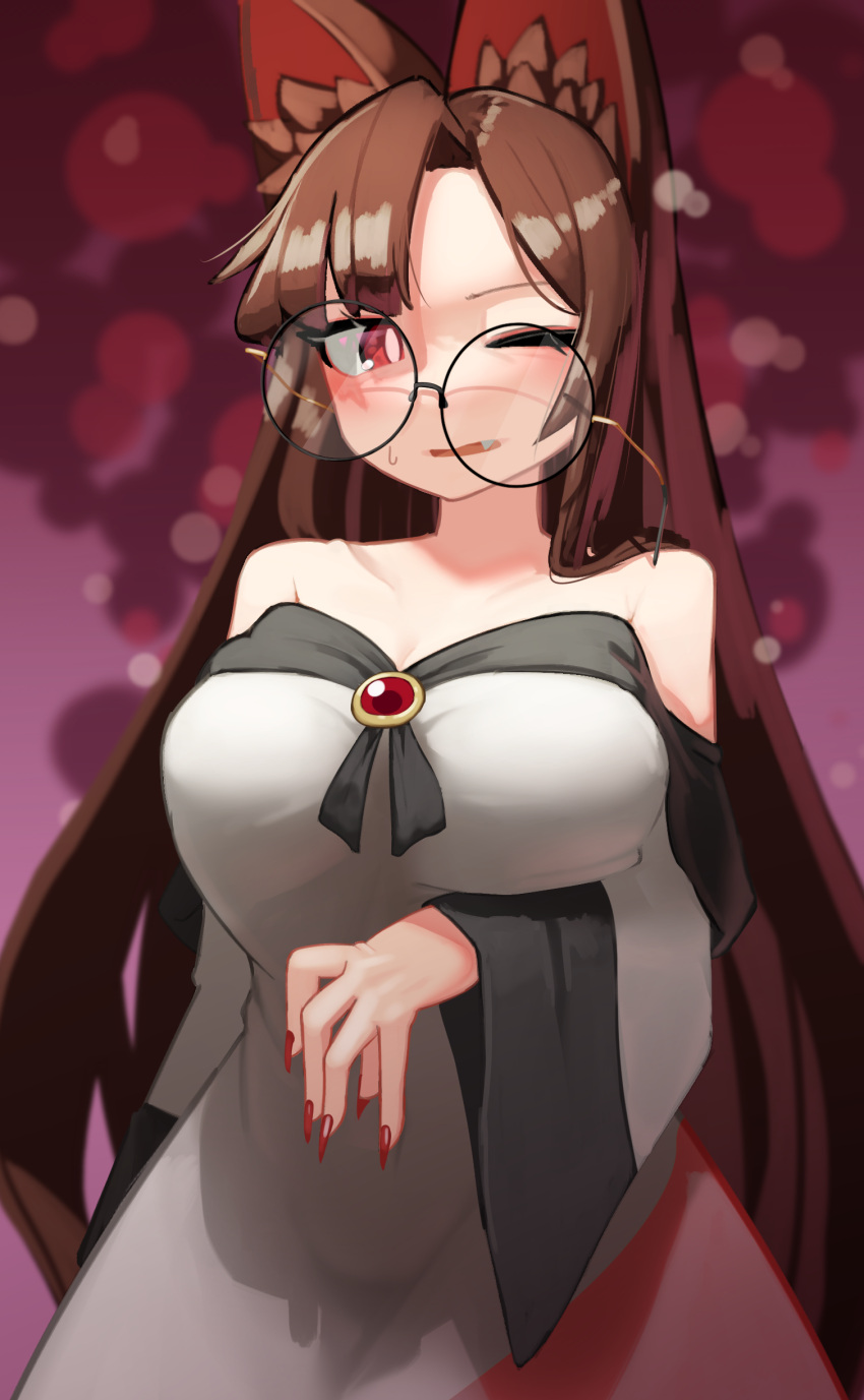1girl absurdres animal_ear_fluff animal_ears bare_shoulders blurry blush breasts bright_pupils brooch brown_hair cowboy_shot depth_of_field dress fang highres imaizumi_kagerou jewelry large_breasts long_hair long_sleeves looking_at_viewer nail_polish off-shoulder_dress off_shoulder one_eye_closed open_mouth purple_background red_eyes red_nails round_eyewear simple_background solo touhou very_long_hair white_dress wide_sleeves wolf_ears zakozako_y