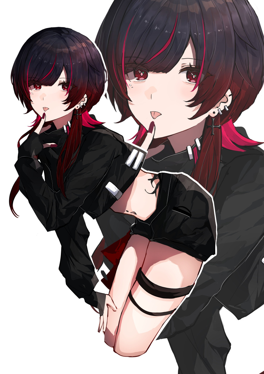 1girl absurdres black_hair black_jacket black_shorts blunt_bangs earrings finger_to_mouth fingerless_gloves garter_straps gloves gradient_hair highres iris_black_games jacket jewelry kisaragi_ren_(vtuber) leaning_forward looking_at_viewer maya_fa midriff multicolored_hair red_eyes red_hair red_nails short_hair short_shorts shorts simple_background sleeves_past_wrists solo tattoo thigh_strap tongue tongue_out virtual_youtuber vspo! zoom_layer