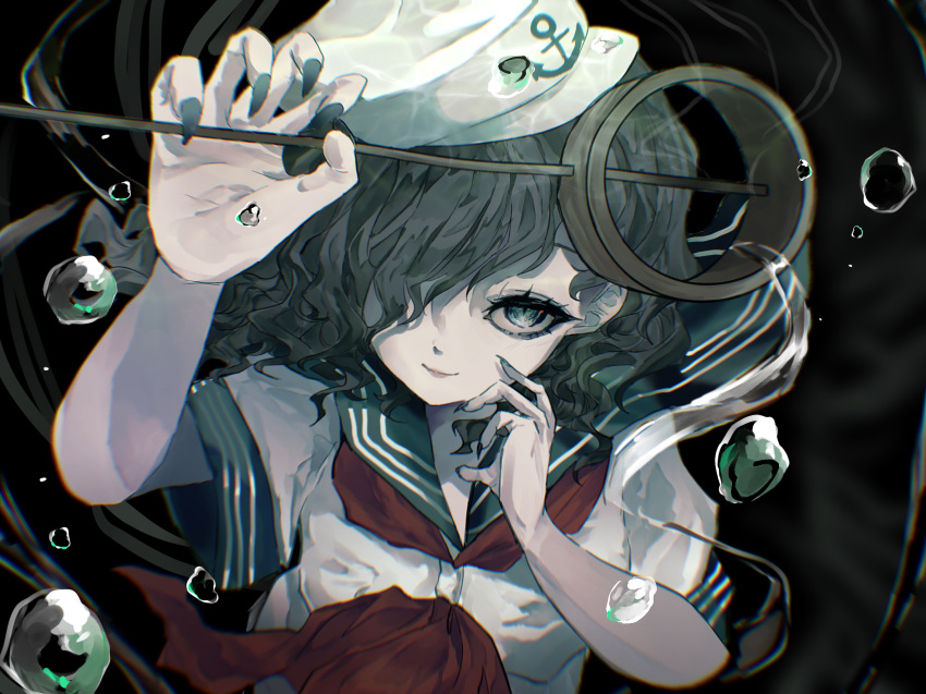 1girl anchor_symbol green_eyes hat highres holding holding_ladle ladle looking_at_viewer murasa_minamitsu neckerchief red_neckerchief remyaruku65 sailor_hat school_uniform serafuku short_sleeves smile solo touhou underwater white_hat white_serafuku