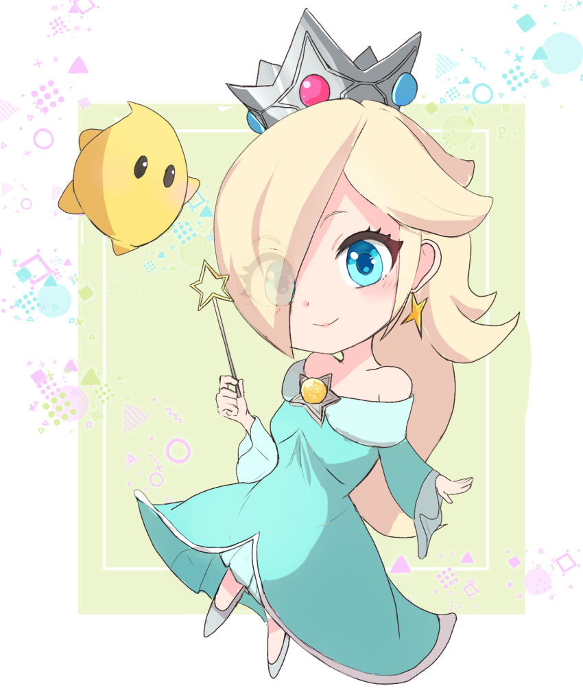 1girl ayaka_00709 bare_shoulders blonde_hair blue_dress blue_eyes brooch chibi closed_mouth crown dress earrings eyes_visible_through_hair hair_over_one_eye highres holding holding_wand jewelry long_hair long_sleeves looking_at_viewer luma_(mario) mario_(series) off-shoulder_dress off_shoulder rosalina smile star_(symbol) star_brooch star_earrings super_mario_galaxy wand