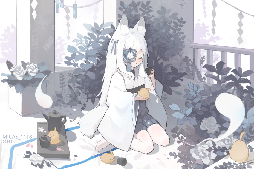 1girl animal_ear_fluff animal_ears artist_name azur_lane blue_bow blue_skirt bow chinese_commentary closed_eyes closed_mouth commentary_request cup dated dot_mouth eyepatch flower fox_ears fox_girl fox_tail full_body garden hair_bow high-waist_skirt highres holding holding_cup japanese_clothes kasumi_(azur_lane) kasumi_1118 kimono light_blush manjuu_(azur_lane) obi pantyhose pleated_skirt railing sash sitting skirt solo tail talisman tassel teapot wariza white_hair white_kimono white_pantyhose yunomi