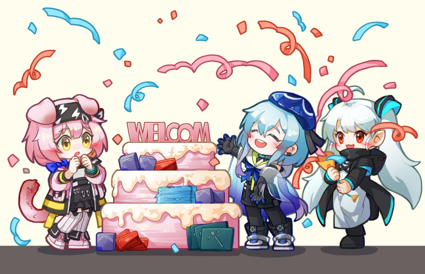 1boy 2girls :d :o ^_^ animal_ears arknights bangs beret black_gloves black_hairband black_jacket black_pants black_shorts black_skirt blue_bow blue_hair blue_headwear blush bow braid brown_background cake cat_ears cat_girl cat_tail closed_eyes commentary_request confetti doctor_(arknights) eyebrows_visible_through_hair female_doctor_(arknights) food fooyio frilled_skirt frills garter_straps gloves goldenglow_(arknights) grey_hair hair_between_eyes hair_bow hair_over_shoulder hairband hat highres hood hood_down hooded_jacket jacket layer_cake lightning_bolt_print long_hair long_sleeves mizuki_(arknights) multiple_girls open_clothes open_jacket pants parted_lips party_popper pink_footwear pink_hair pink_jacket puffy_long_sleeves puffy_sleeves red_eyes ribbed_legwear see-through shirt shoes short_shorts shorts simple_background single_braid skirt smile standing standing_on_one_leg streamers tail thighhighs twintails very_long_hair white_legwear white_shirt yellow_eyes