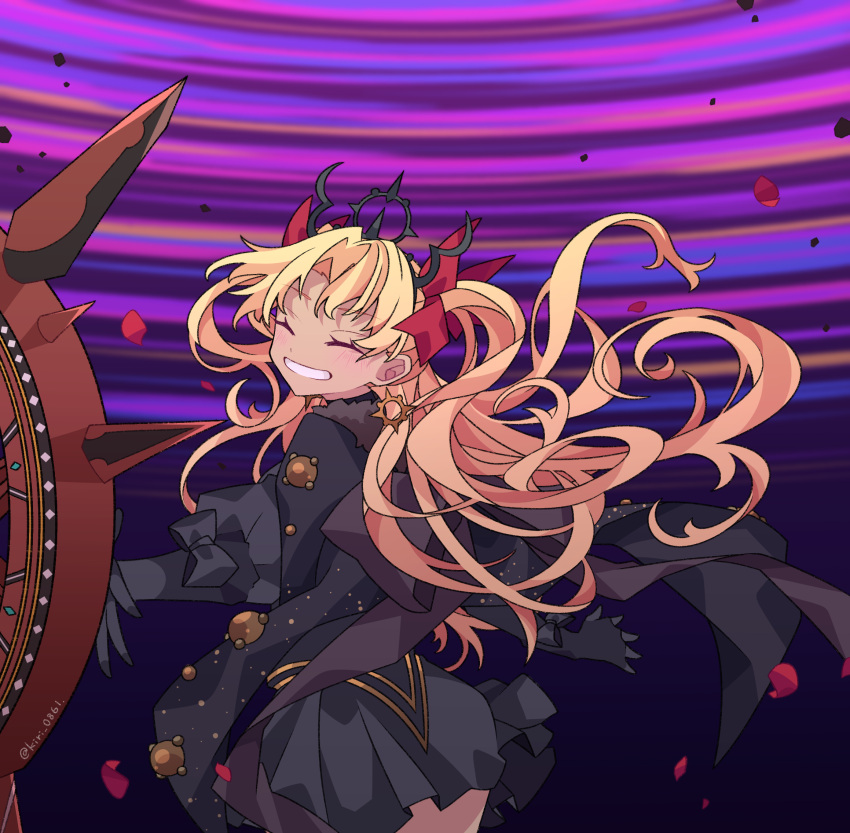 1girl black_bandages black_cape black_dress black_gloves black_tiara blonde_hair cape dark-skinned_female dark_skin dirndl dress earrings ereshkigal_(fate) ereshkigal_alter_(fate) fate/grand_order fate_(series) fur-trimmed_cape fur_trim german_clothes gloves hair_ribbon highres hoop_earrings jewelry kujiramaru long_hair long_sleeves looking_at_viewer parted_bangs ribbon solo tiara two_side_up