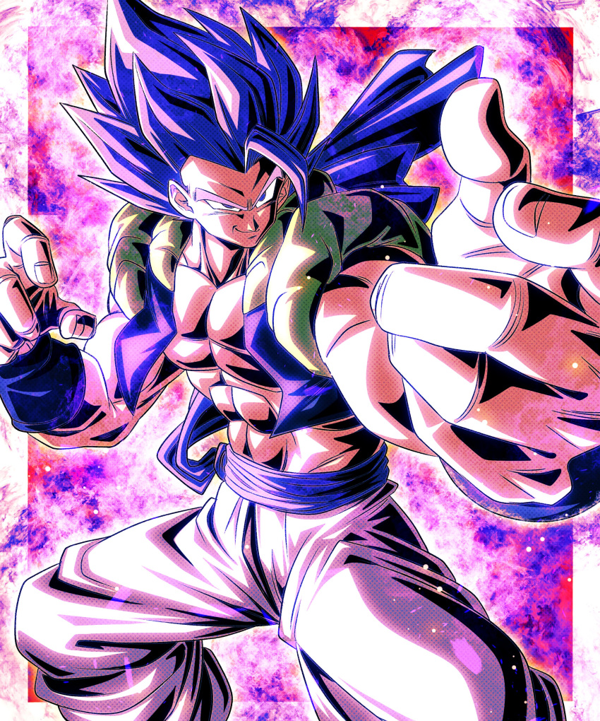 1boy absurdres alternate_hair_color aura cropped_vest dragon_ball dragon_ball_super dragon_ball_super_broly fighting_stance gogeta highres metamoran_vest muscular muscular_male no_shirt pants purple_eyes purple_hair purple_sash purple_vest red_background sash sekitsuki_hayato smirk solo vest white_pants