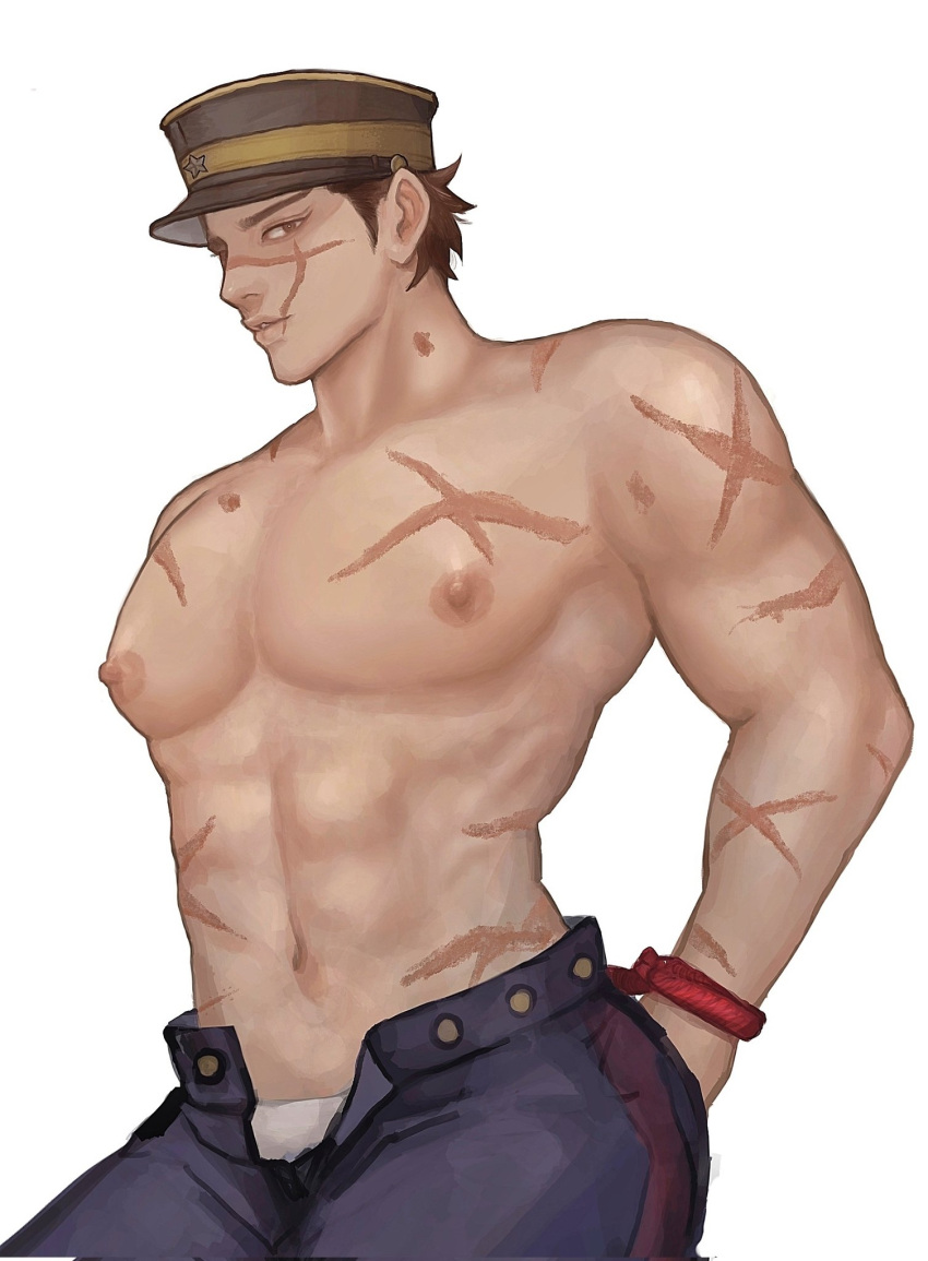 1boy abs alternate_pectoral_size bara black_hair cowboy_shot def00_0 golden_kamuy hat highres huge_eyebrows huge_pectorals kepi looking_at_viewer male_focus male_underwear military_hat muscular muscular_male navel nipples profile scar scar_on_cheek scar_on_chest scar_on_face scar_on_mouth scar_on_nose short_hair solo standing stomach sugimoto_saichi topless_male underwear white_male_underwear