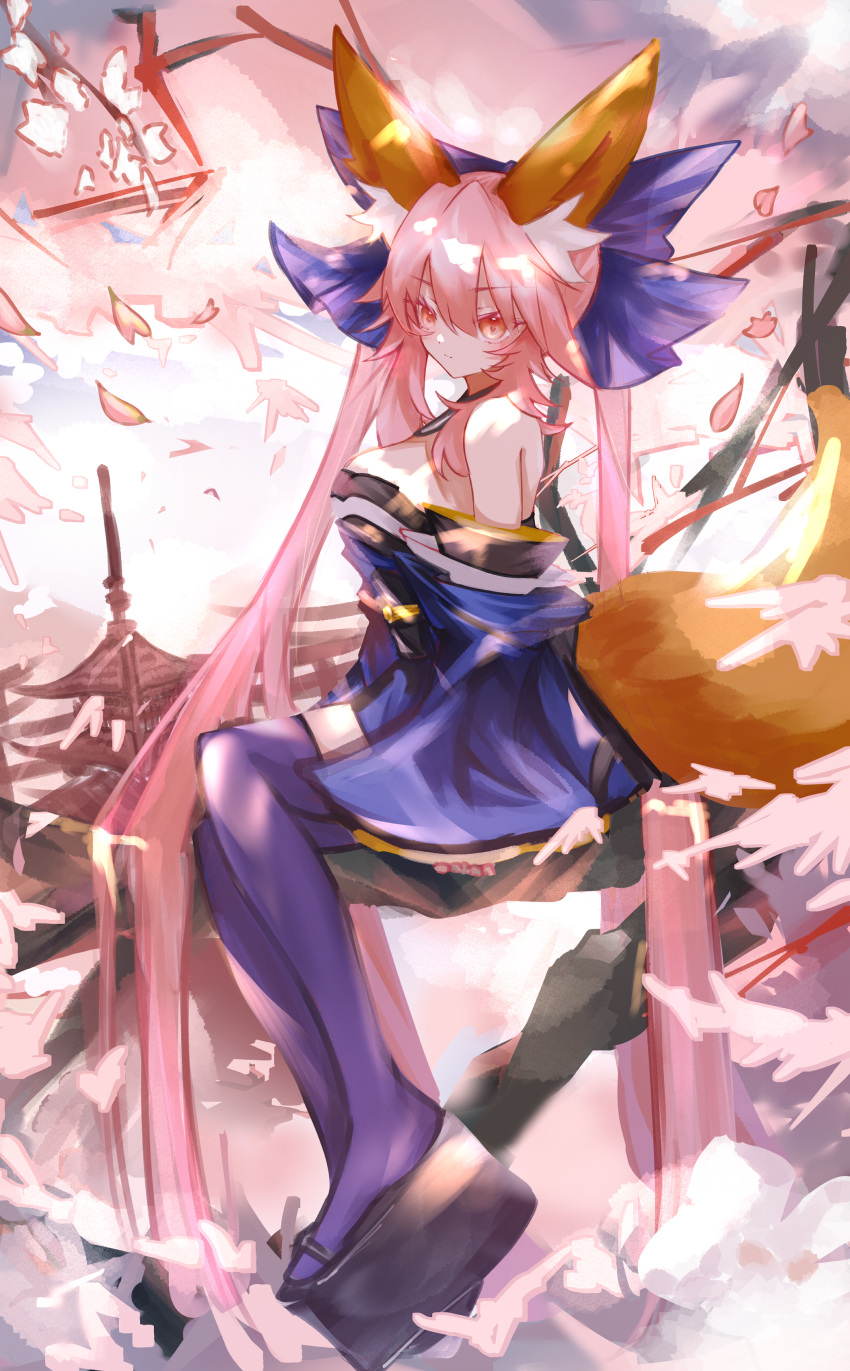 1girl absurdres animal_ear_fluff animal_ears bare_shoulders blue_kimono blue_thighhighs blush bow breasts cherry_blossoms cleavage detached_sleeves fate/grand_order fate_(series) fox_ears fox_girl fox_tail gin_(yza_foxxhermit) hair_ribbon highres japanese_clothes kimono large_breasts long_hair looking_at_viewer open_mouth pink_hair ribbon solo split_ponytail tail tamamo_(fate) tamamo_no_mae_(fate/extra) thighhighs yellow_eyes