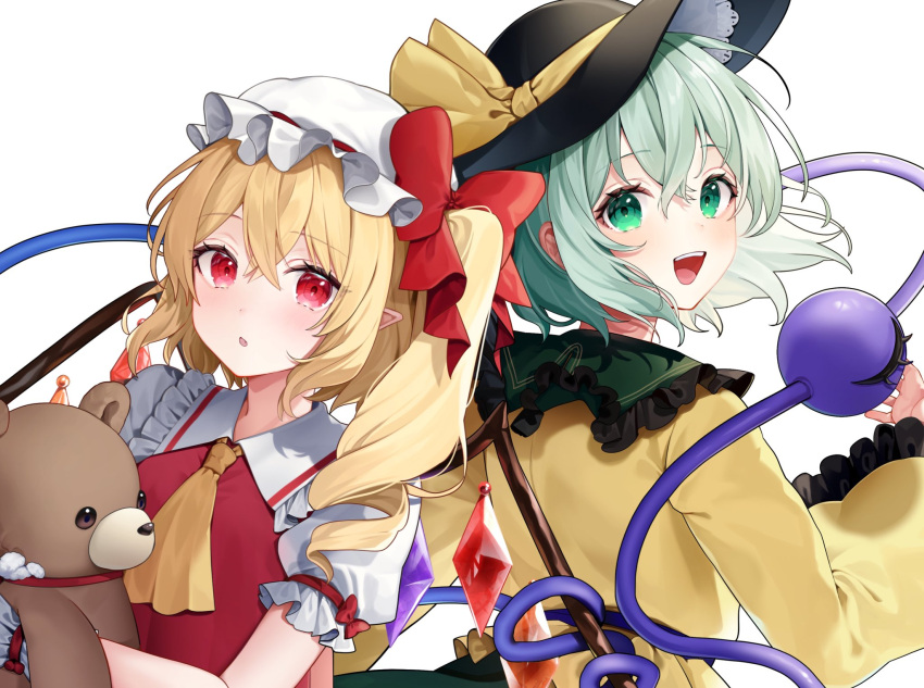 2girls :d ascot back-to-back black_hat blush bow commentary crossed_bangs crying eyelashes flandre_scarlet floating_hair frilled_shirt_collar frilled_sleeves frills green_eyes green_hair hair_between_eyes hand_up happy hat hat_bow highres holding holding_stuffed_toy komeiji_koishi long_sleeves looking_at_viewer looking_back medium_hair mob_cap multiple_girls open_mouth pointy_ears puffy_short_sleeves puffy_sleeves red_bow red_eyes red_vest shirt short_sleeves side_ponytail simple_background smile stuffed_animal stuffed_toy teddy_bear teeth third_eye touhou trait_connection tsurime upper_body upper_teeth_only usushio vest white_background white_hat white_shirt wide_sleeves wings yellow_ascot yellow_bow yellow_shirt