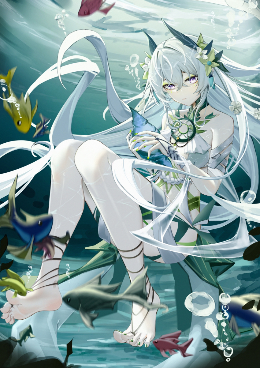 1girl barefoot conch crossed_bangs fish flower green_nails grey_hair hair_between_eyes hair_flower hair_intakes hair_ornament highres lamia_(punishing:_gray_raven) long_hair official_alternate_costume official_alternate_hair_color panluo plant_hair punishing:_gray_raven purple_eyes ringed_eyes shell sidelocks underwater very_long_hair